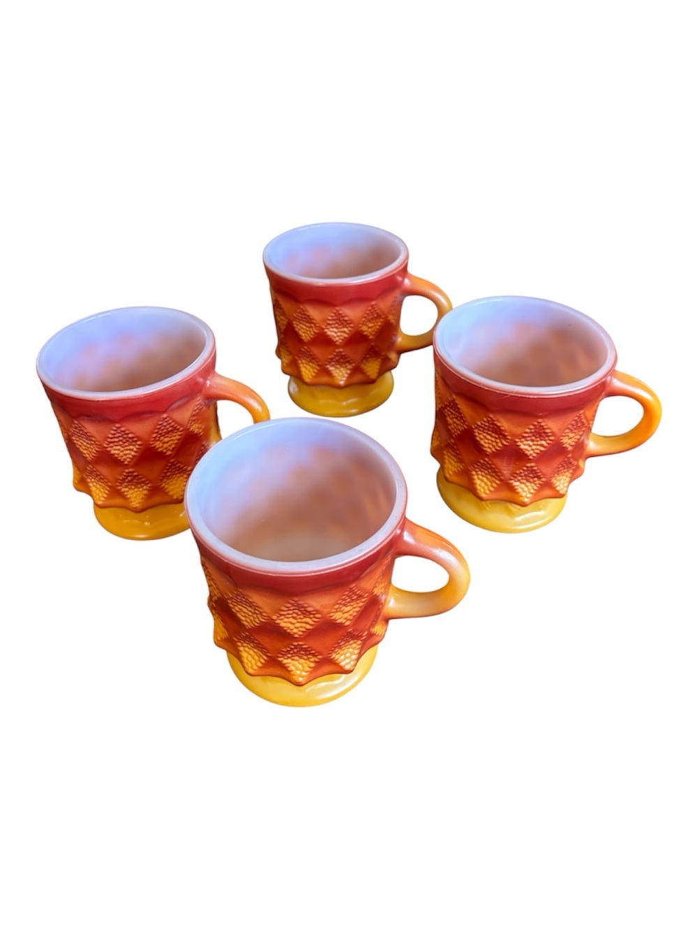 VTG Fire-King Kimberly Diamond Milk Glass Mugs - Set of 4 (Red/Orange Ombré)